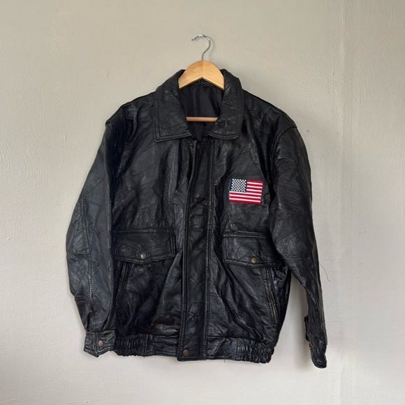 Vintage Jackets & Blazers - Vintage black leather God Bless America leather patch bomber small